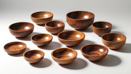 Poster - Empty wooden bowls placed separately on a white background. Set of wood bowls. Collection.