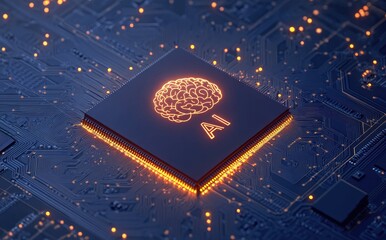 Poster - A futuristic AI microchip with a glowing brain icon on a circuit board, symbolizing artificial intelligence, deep learning, and advanced computing. Ideal for tech innovation and AI research