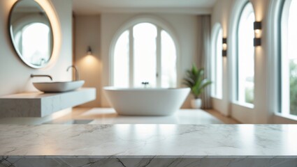 Poster - Marble table top with a blurred background. Close-up image of a modern interior.