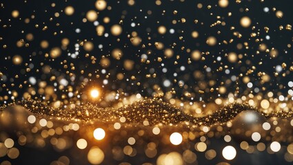 Aufkleber - Festive abstract background featuring golden bokeh particles and highlights on a dark backdrop. High-quality image.