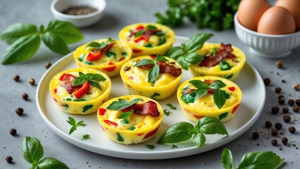 Poster - Egg muffins or egg bites with bacon, cheese, vegetables, and herbs served on a white plate. Nutritious breakfast.