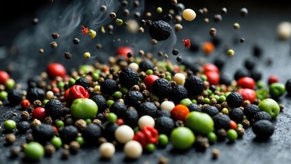 Poster - Colorful fragrant pepper seeds bounce and fall within a pan. Aromatic spices and homegrown herbs are moving around a container. The pepper mix is being toasted.