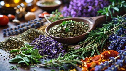 Aufkleber - Herbs of Provence, a blend of dried herbs, typically includes savory, marjoram, rosemary, thyme, oregano, and lavender leaves, commonly used with grilled dishes and stews.