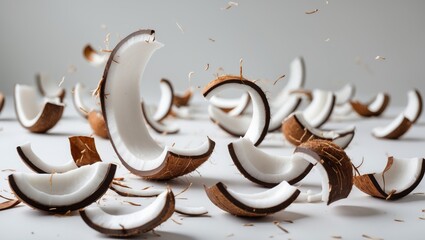 Poster - Falling coconut curls, shavings, isolated on a background, clipping path, complete depth of field.