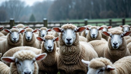 Aufkleber - Flock of sheep gazing at the camera on a winter day in the pasture. Lamb and ewe farming.