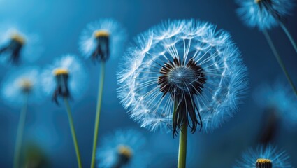 Aufkleber - Extreme close-up with soft focus, dandelion flower backdrop in blue, beautiful natural detailing.