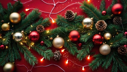 Aufkleber - Fir branches adorned with Christmas balls against a glittering background featuring holiday lights.