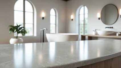 Poster - Marble table top with a blurred focal background. Close-up image of a modern interior.