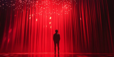 Aufkleber - A dramatic silhouette stands alone in front of red curtains. The scene captures a moment of anticipation and mystery. Ideal for artistic and theatrical themes. AI