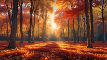 Poster - Extra wide view of a beautiful forest in autumn, a picturesque landscape with delightful warm sunlight.