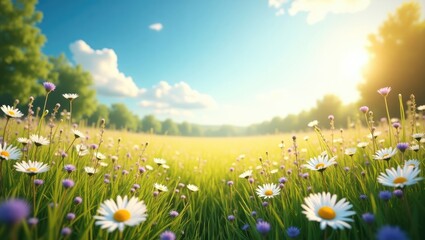 Aufkleber - A stunning, sunlit meadow. A natural colorful panoramic landscape filled with numerous wildflowers beneath a blue sky. A frame featuring gentle selective focus.