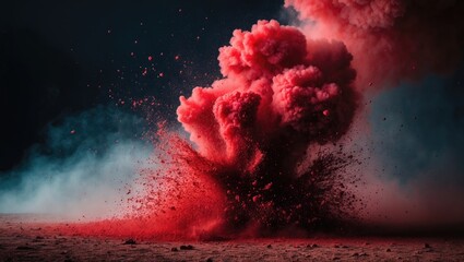 Aufkleber - Eruption of red particles against a dark backdrop. A burst of color in the dust on a dark background.
