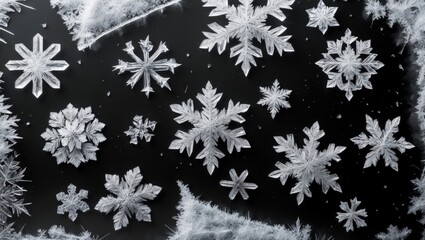 Poster - An abstract image featuring a pattern of frost on glass. The macro shot captures black and white textured frosty crystal snowflakes. The distinctive ice crystal formations are frosted on the clear ...