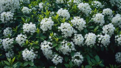 Poster - Floral backdrop. Garden bush featuring lush blooming flowers surrounded by green leaves.
