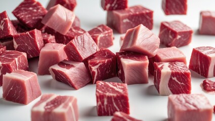 Poster - Falling beef cubes, isolated on a background with a clipping path, displaying full depth of field.