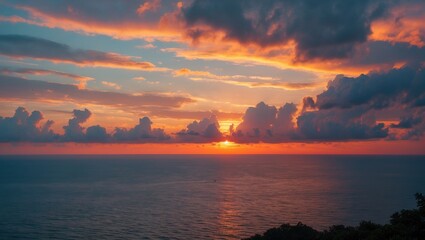 Aufkleber - Evening sky at sunset with stunning clouds above the sea, featuring a backdrop of orange sunlight and a dusk sky.