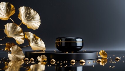 Poster - Minimal modern product showcase on a black and golden abstract floral background with a podium, luxury art deco style.