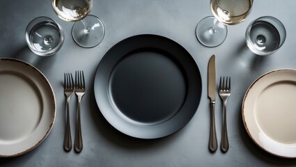 Poster - Empty plates, forks, and a glass of wine arranged in the background. Aerial view. Concept mockup.