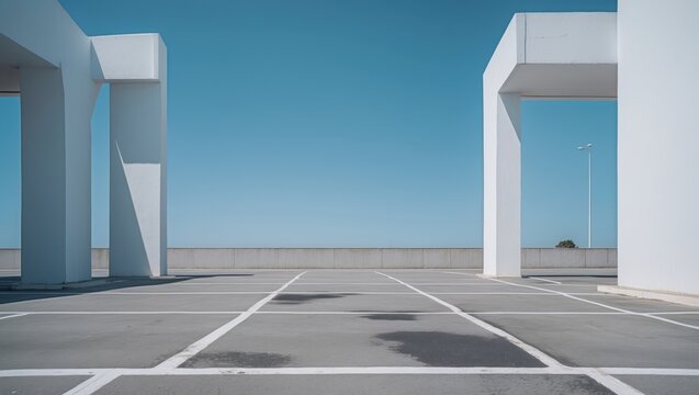 Empty concrete parking lot floor featuring a white, abstract structure set against a sky blue backdrop.