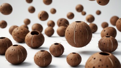 Poster - Falling coconuts in their entirety, set against a white background, with a clipping path and a complete depth of field.
