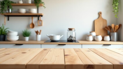 Aufkleber - Empty wooden table surface with a blurred kitchen countertop background.