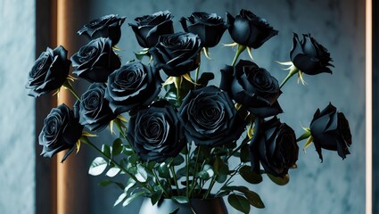 Aufkleber - Elegant arrangement of black roses. Group of stunning, dark, realistic, long-stemmed rose flowers positioned in a vase against a wall backdrop. Contemporary interior decor concept.