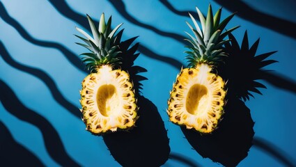 Aufkleber - Two sections of pineapple on a blue backdrop. Set against a background of shadow waves. The concept of fitness, diet, and healthy eating.