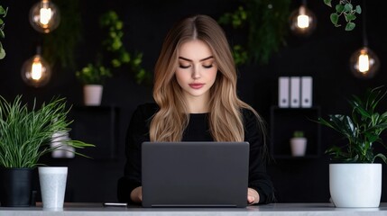 Poster - Businesswoman checking emails on a laptop in an office lounge