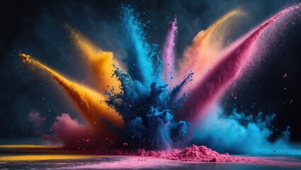 Aufkleber - eruption of abstract color powder against a dark background. Abstract explosion of color powder in a free-flowing motion.