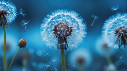 Aufkleber - Extreme close-up with soft focus on dandelion flower with a blue background, showcasing beautiful natural details.