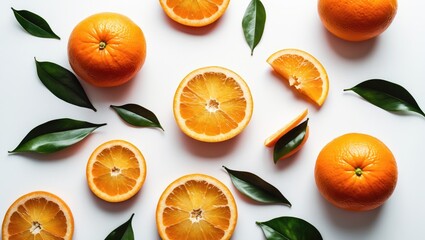 Aufkleber - Falling oranges sliced in half with leaves isolated on a white background.