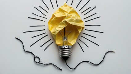 Poster - Creative concepts and inspiration ideas. Crumpled colored paper shaped like a light bulb, isolated on a background with space for text.