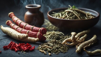 Fototapete - Combine Red Ginseng, Ginseng, Cordyceps, and finely chopped herbs to make a potent health-boosting mixture.