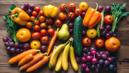 Aufkleber - Colorful, healthy composition featuring a variety of raw, seasonal fruits and vegetables on a wooden background, food still life.