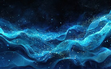 Fototapete - Ethereal Blue Waves with Glowing Particles in a Deep Space Background Creating a Magical and Mystical Atmosphere for Artistic Projects
