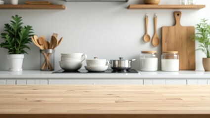 Aufkleber - Empty wooden table surface with a blurred kitchen counter in the background.