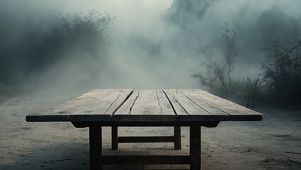 Poster - empty wooden table with a misty background