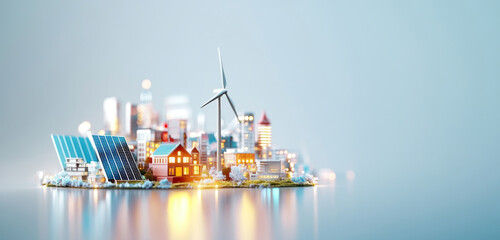 Poster - The exhibit features a miniature city powered by renewable energy sources such as solar panels and wind turbines, highlighting sustainable architecture and eco-friendly living advancements.