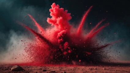 Aufkleber - Eruption of red particles against a dark backdrop. A burst of color in the dust on a dark background.