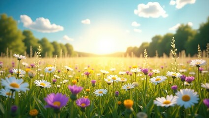 Aufkleber - A stunning, sunlit meadow. A natural, colorful panoramic landscape filled with various wildflowers against a blue sky. A frame featuring soft selective focus.