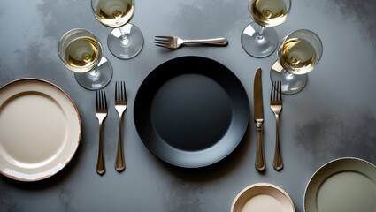 Poster - Empty plates, forks, and a glass of wine on a background. View from above. Concept mockup.