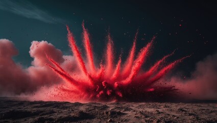 Aufkleber - eruption of red particles against a dark background. A burst of color in the dust on a dark background.