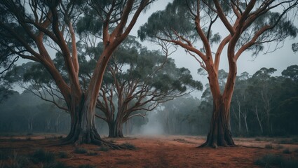 Aufkleber - Eucalyptus tree in a misty landscape.