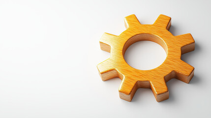 Poster - minimalist 3D representation of single wooden gear, showcasing its unique design and texture. This evokes sense of simplicity and functionality