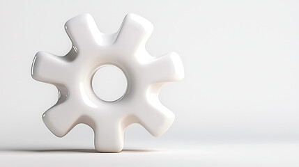 Poster - minimalist 3D representation of single white gear on light background, showcasing its smooth surface and unique shape. This design emphasizes simplicity and functionality