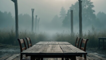 Poster - empty wooden table set against a hazy background
