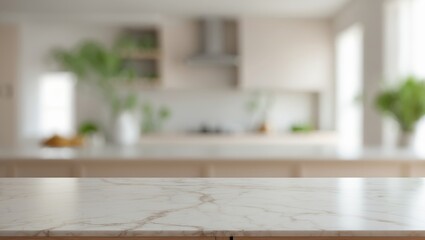 Poster - Empty marble tabletop with a blurred interior background for product display montage.