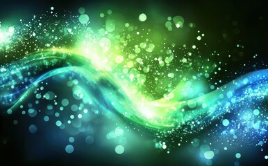 Fototapete - Ethereal Wave of Light and Color with Bubbles and Sparkles against a Dark Background in Shades of Green and Blue for Abstract Designs