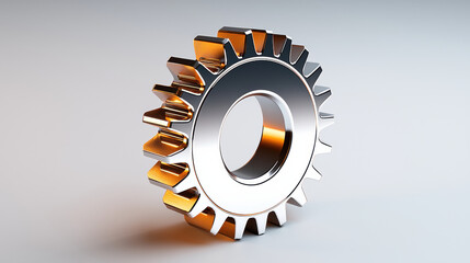 Poster - minimalist 3D representation of single metallic gear, showcasing its intricate design and reflective surface. gear symbolizes precision and engineering excellence