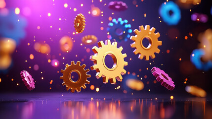 Fototapete - Stylized 3D rendering of colorful gears floating in space, creating vibrant and dynamic atmosphere. scene is illuminated with glowing lights, enhancing visual appeal